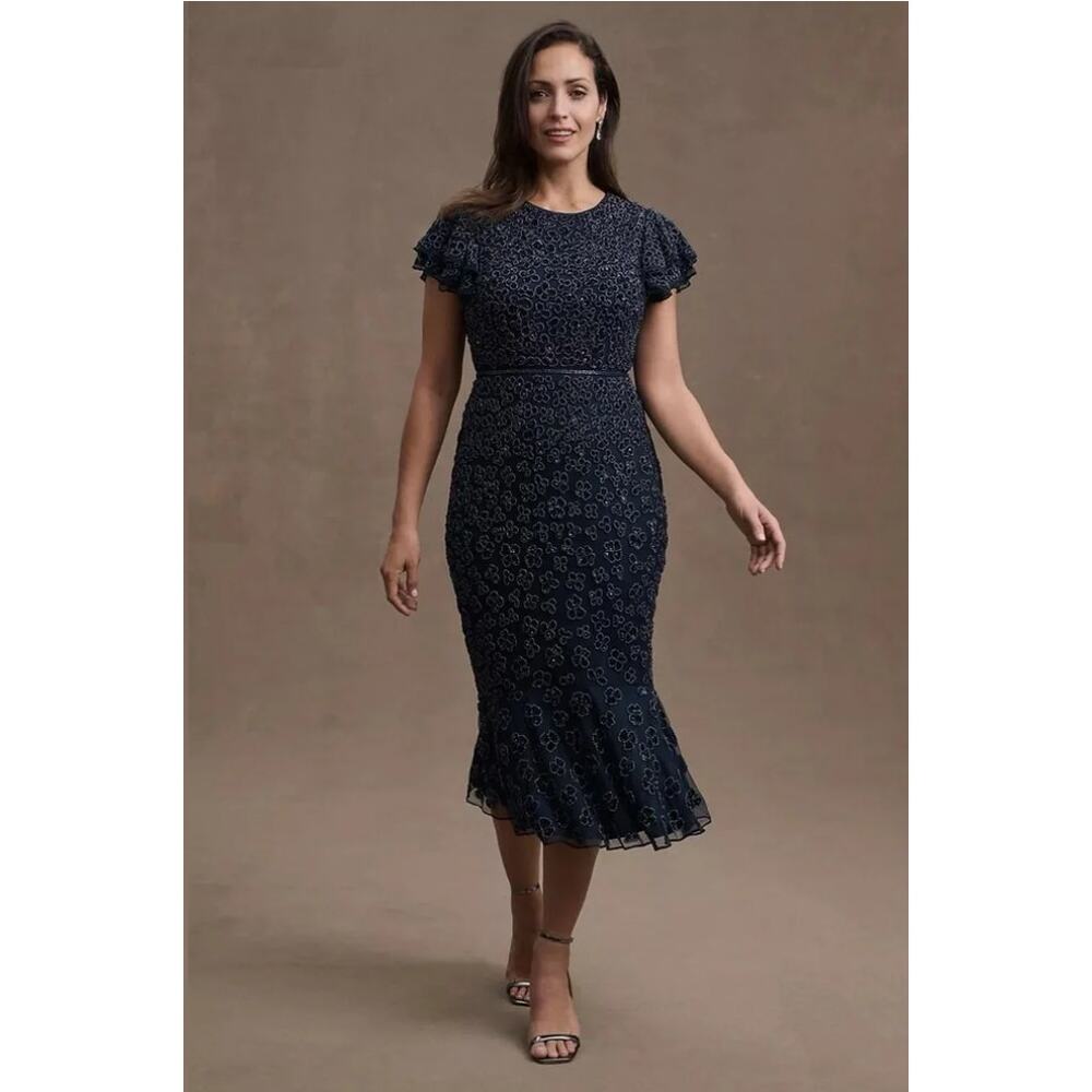 Mac Duggal Anthropologie BHLDN Maya Beaded Floral Midi Dress 2 Navy Blue 10771